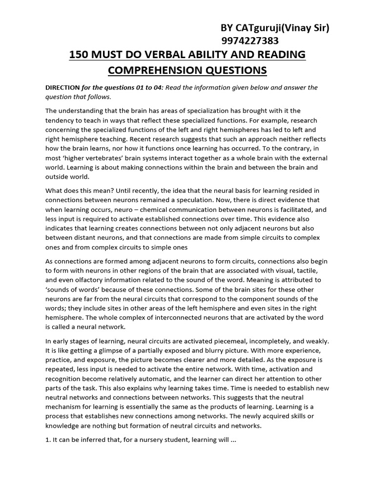 150 Must Do Questions in VARC For CAT | PDF | Inventory | Brain