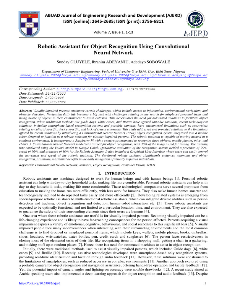 Robotic Assistant for Object Recognition | PDF | Computer Vision ...