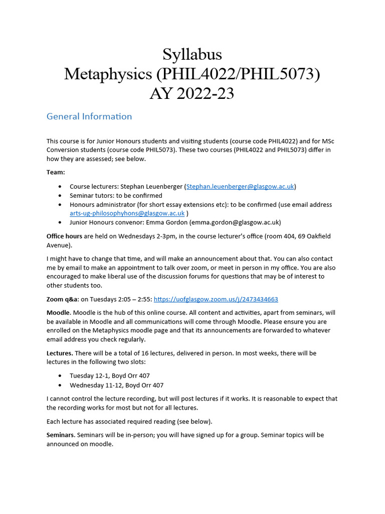 Metaphysics Course Syllabus 2022-23 | PDF | Metaphysics | Lecture