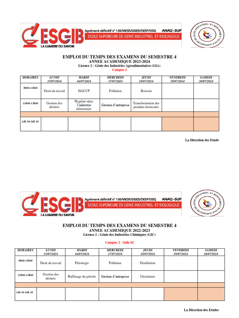 Emploi Du Temps Des Examens S4 2023-2024 | PDF