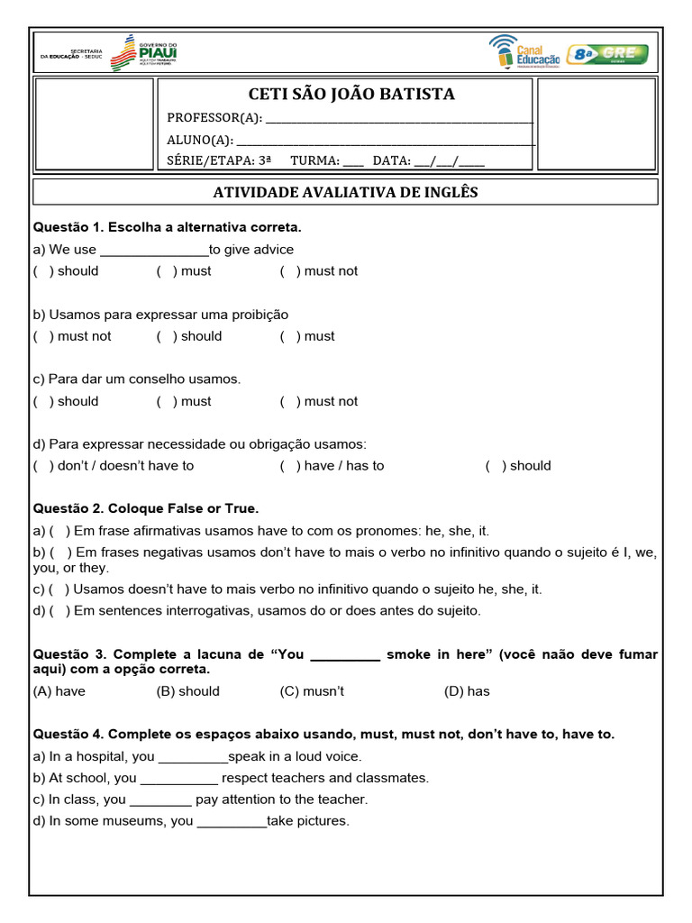 Atividade Avaliativa - 3 Ano Ingles | PDF