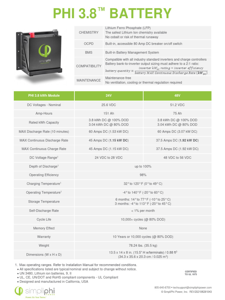 Simpliphi Power Phi 3 8 KWH 60 Amp Specification Sheet | PDF | Power ...