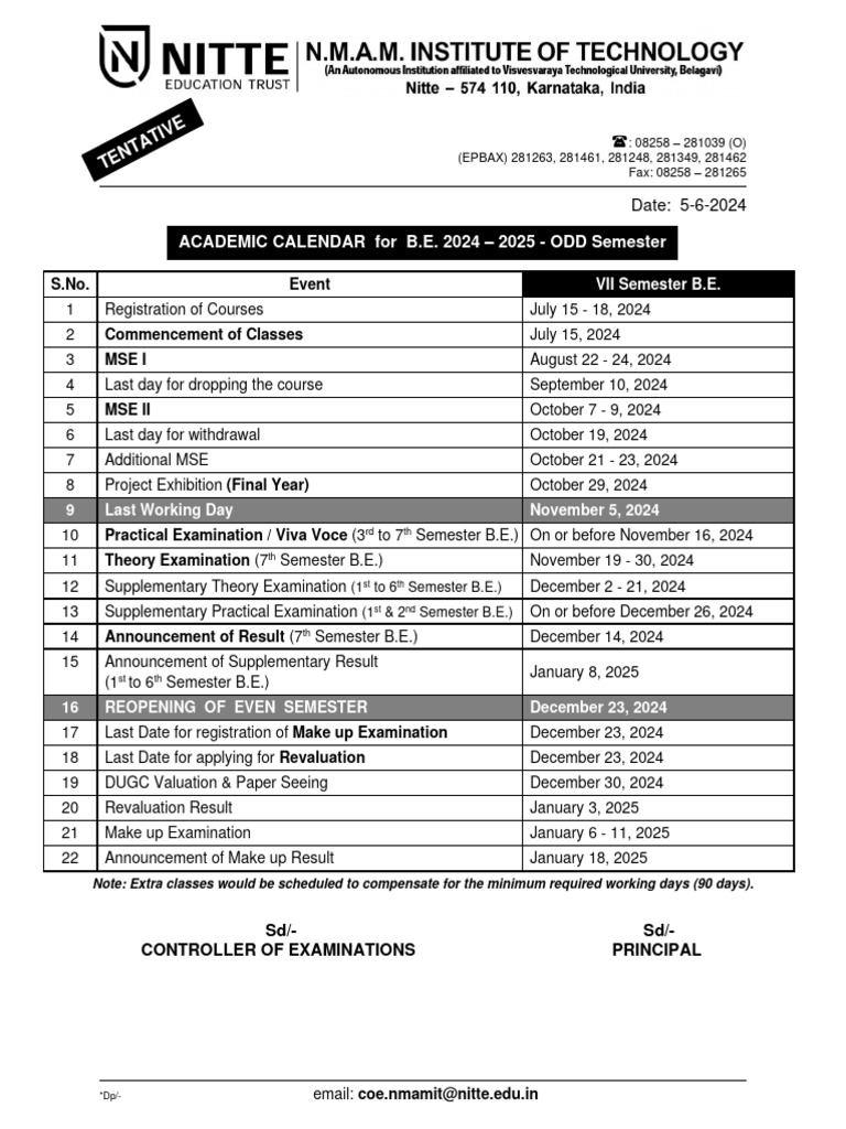 Academic calendar odd sem vii sem b e 2024 25 pdf academic