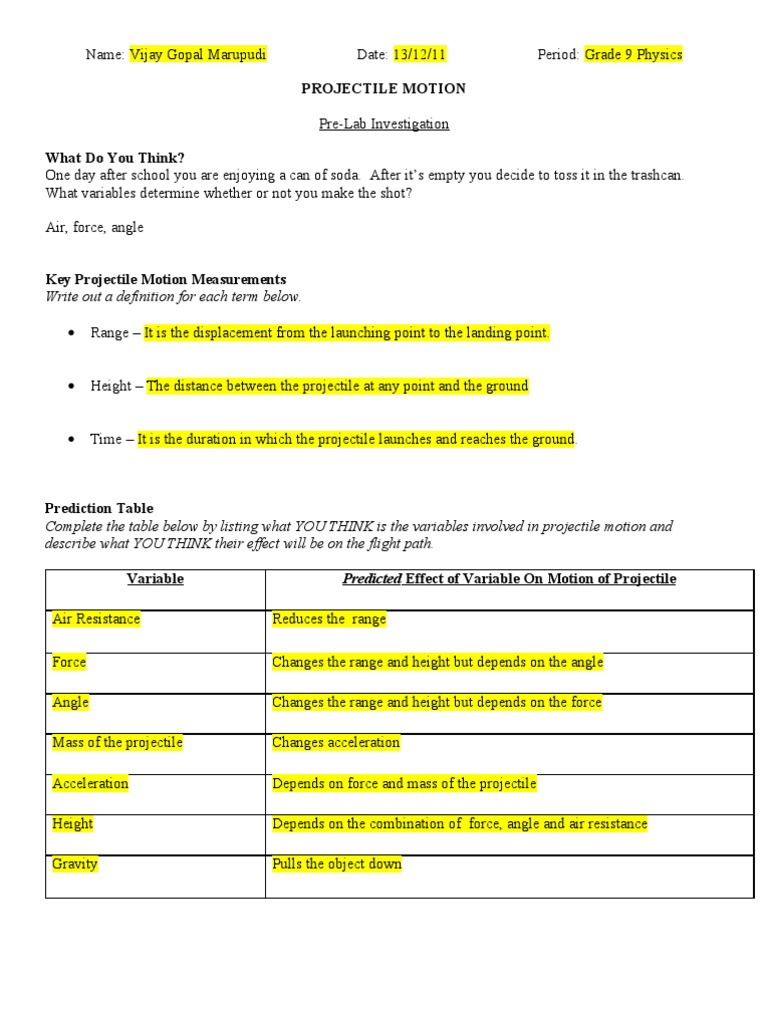 worksheet Projectile Motion Worksheet With Answers physics projectile lab force physical sciences