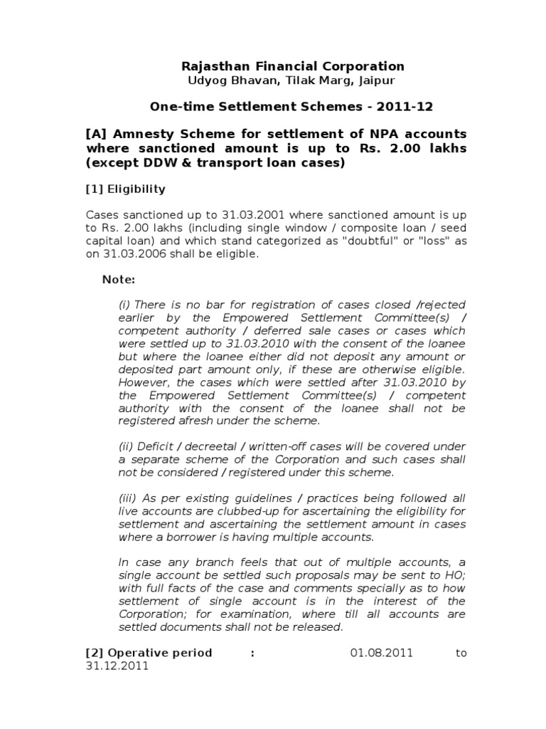 Rajasthan Financial Corp OTS 2011-12 | PDF | Bonds (Finance) | Loans