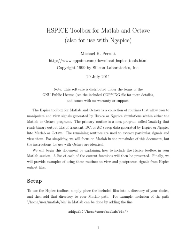 HSPICE Toolbox For Matlab and Octave (Also For Use With Ngspice) PDF