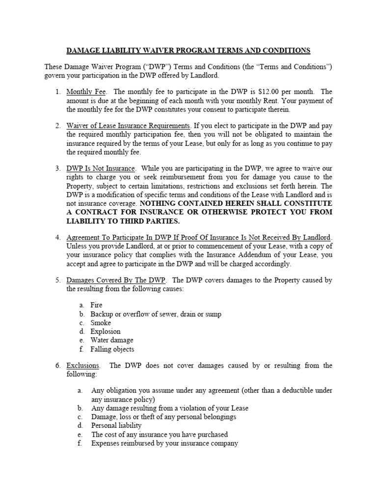 Apartment Damage Waiver Program Terms | PDF | Lease | Insurance