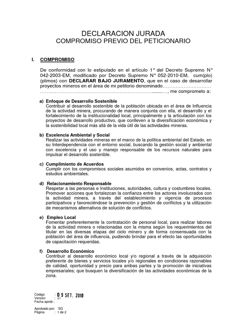 Declaración Jurada de Compromiso Minero | PDF | Sustentabilidad ...