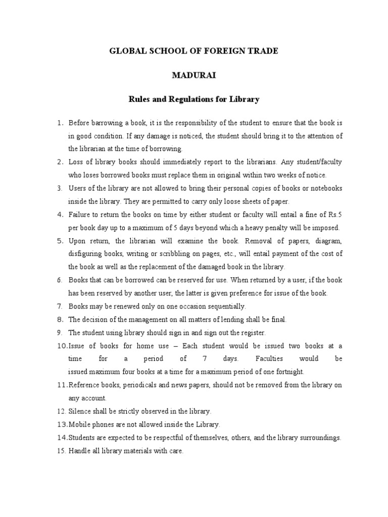 Rules and Regulations to Be Followed in Library Books Libraries