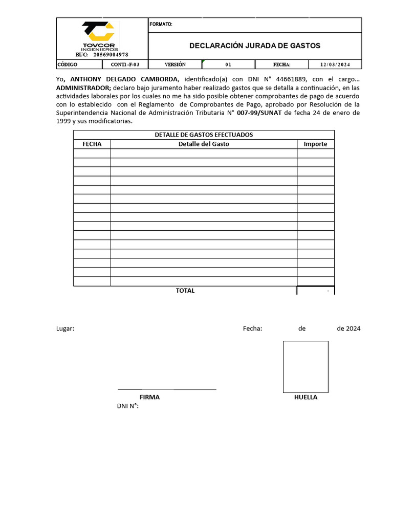 Declaración Jurada de Gastos 2024 | PDF