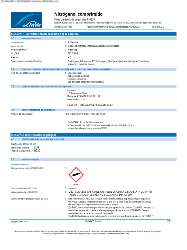Ficha de Seguridad Nitrógeno Comprimido | PDF | Oxígeno | Agua