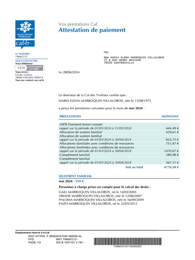 Attestation de paiement CAF - Mai 2024 | PDF | Vie privée et informatique