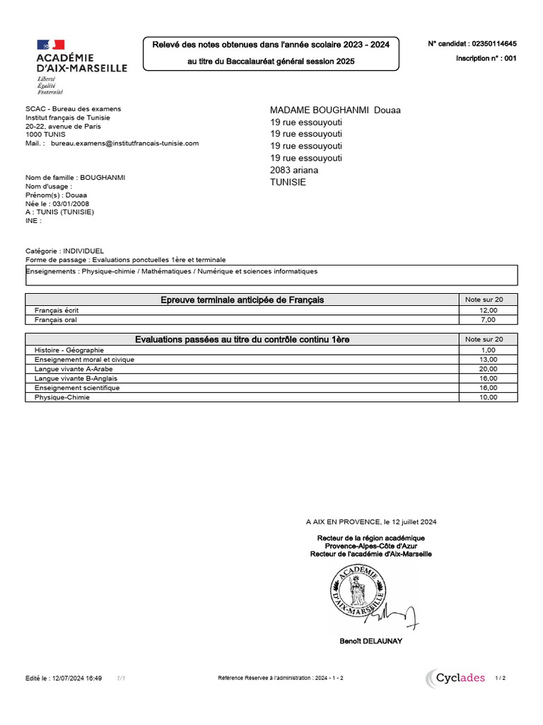 Relevé de notes Bac 2023-2024 | PDF | Évaluation et bilan des étudiants ...