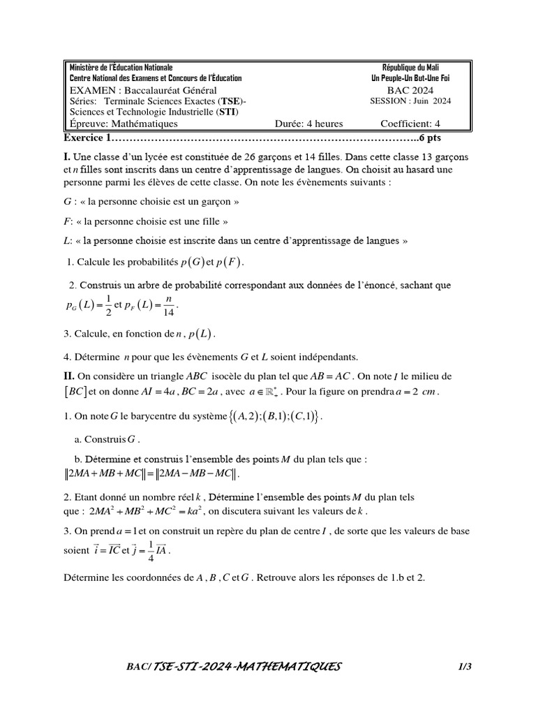 Sujet de Mathématiques Bac 2024 Mali | PDF | Fonction (Mathématiques ...