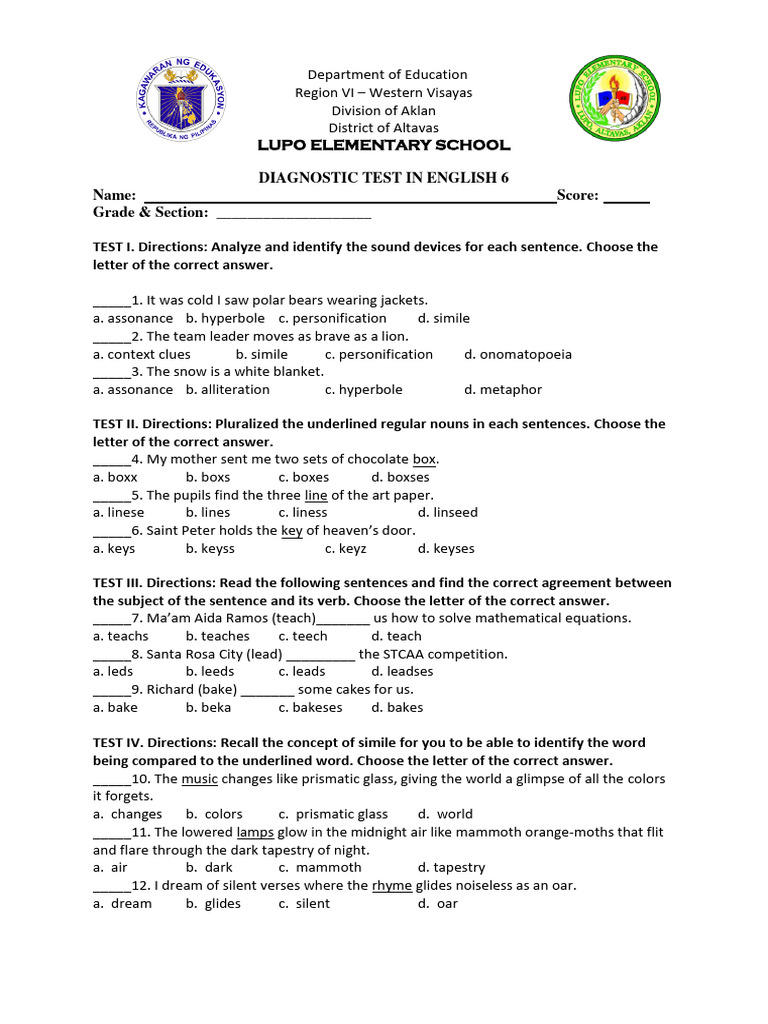 English 6 Diagnostic Test for Students | PDF | Sentence (Linguistics ...