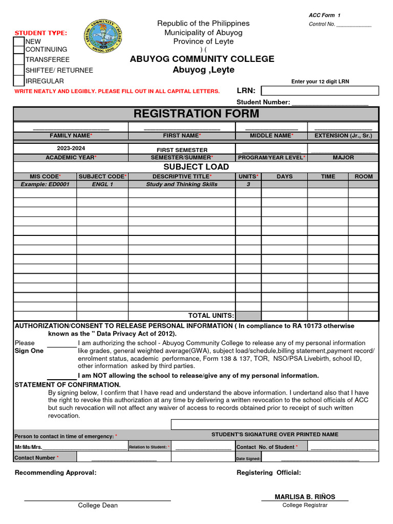 ACC Student Registration Form 2023-2024 | PDF