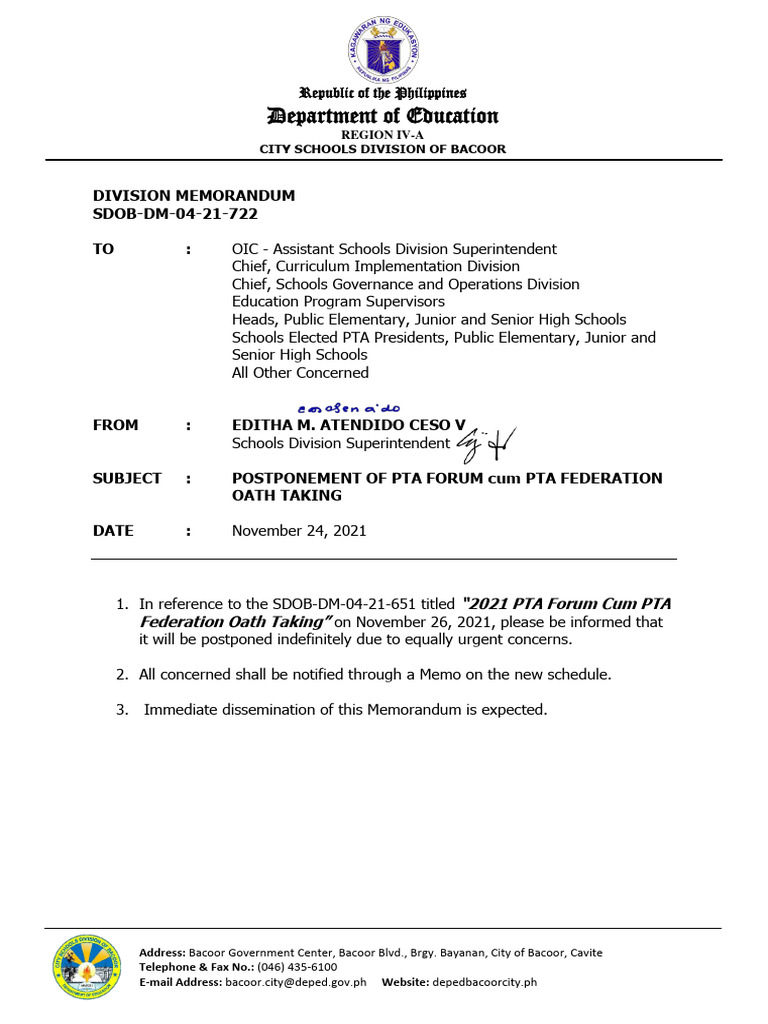 Sdob Dm 04 21 722 Postponement Of Pta Forum Cum Pta Federation Oath
