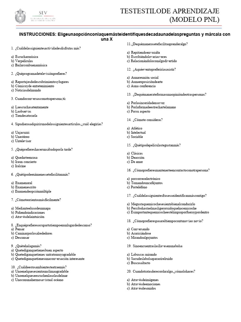 Estilo de Aprendizaje: Test PNL | PDF | Infografia | Ciencia cognitiva