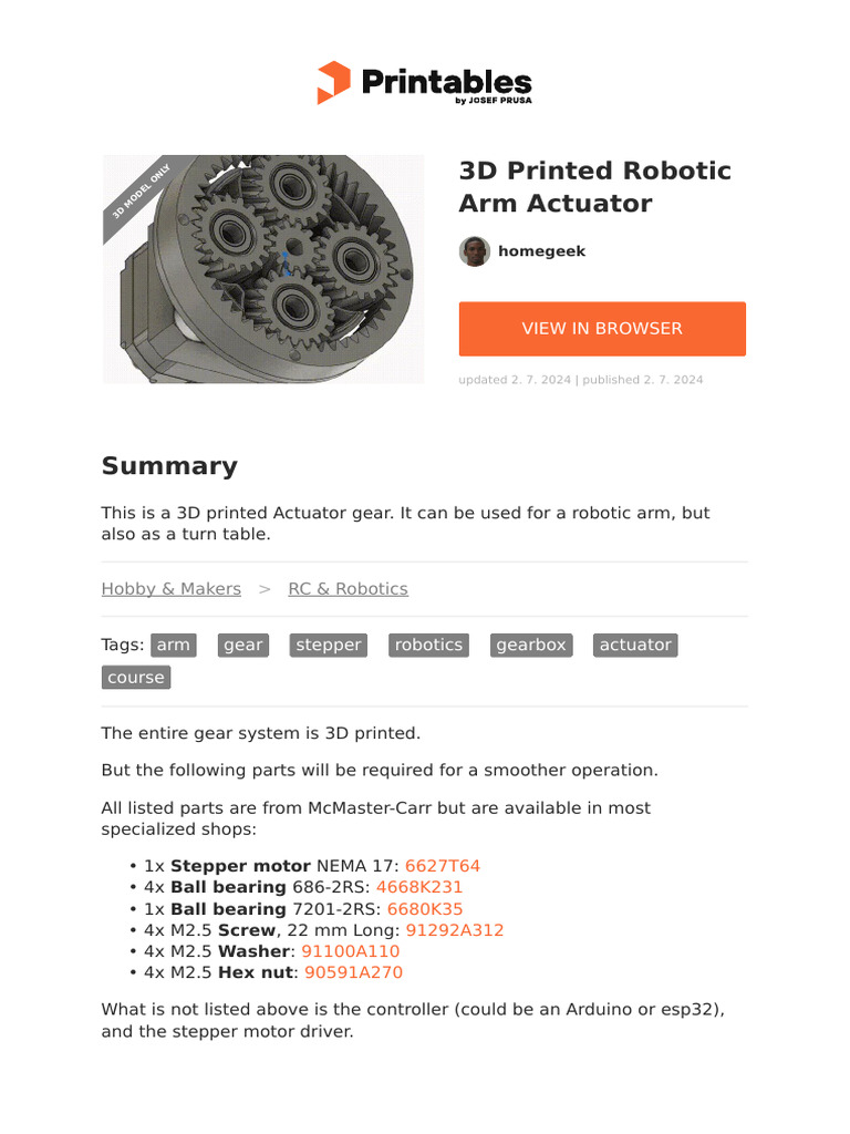 3D Printed Robotic Arm Actuator | PDF