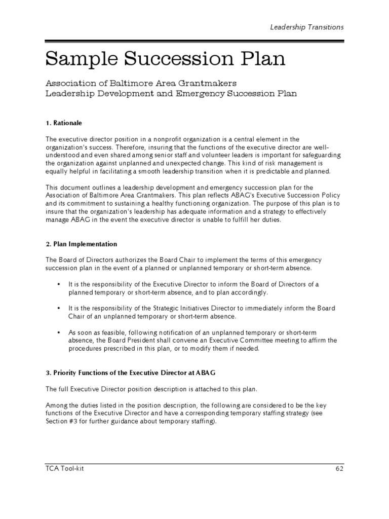 Sample Succession Plan | Executive Director | Board Of Directors