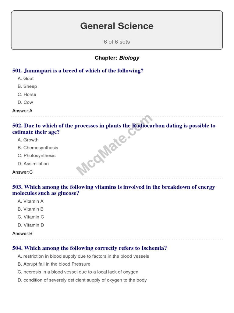 General Science MCQs of Biology | PDF | Fertilisation | Blood
