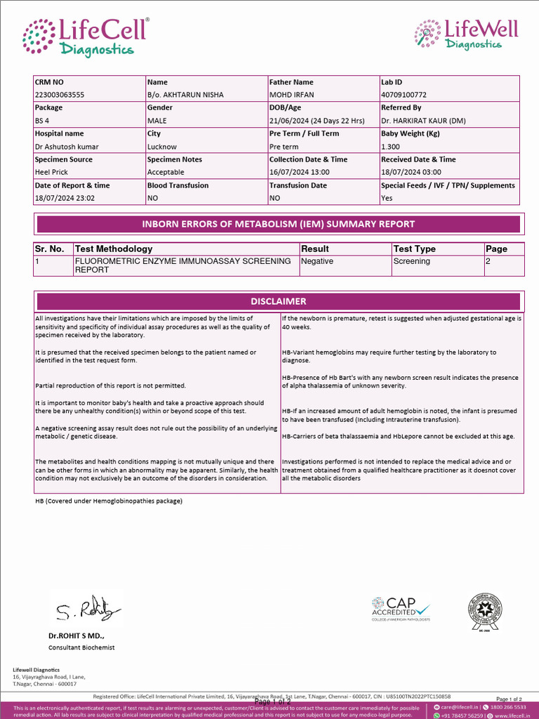 Newborn Metabolic Screening Report | PDF | Medical Specialties ...