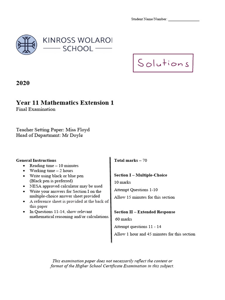 2020 Year 11 Ext 1 Exam Solutions | PDF | Function (Mathematics ...