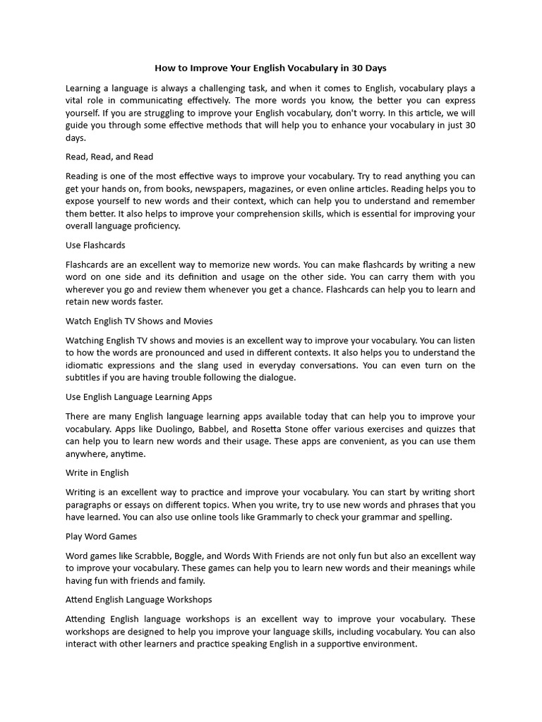 How To Improve Your English Vocabulary In 30 Days Pdf Vocabulary