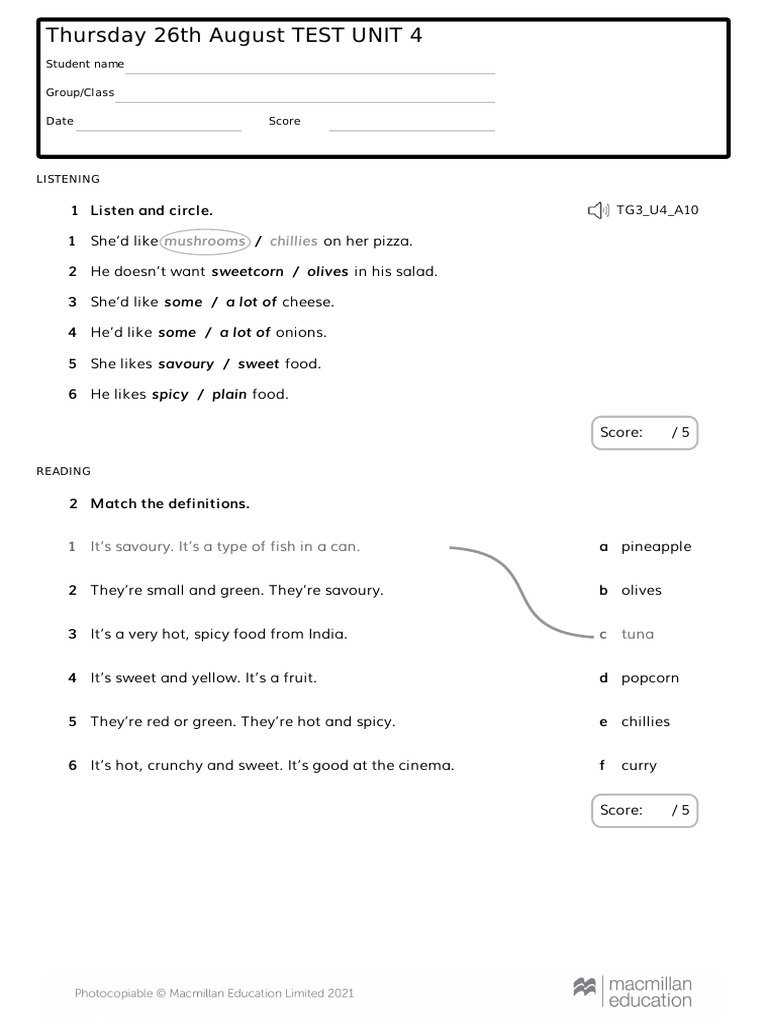 Thursday 26th August TEST UNIT 4 | PDF | Capsicum | Foods
