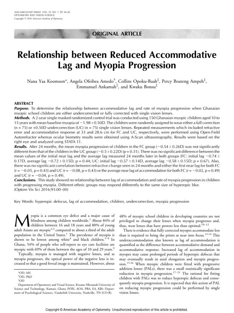 Relationship Between Reduced Accommodative | PDF | Myopia | Eye