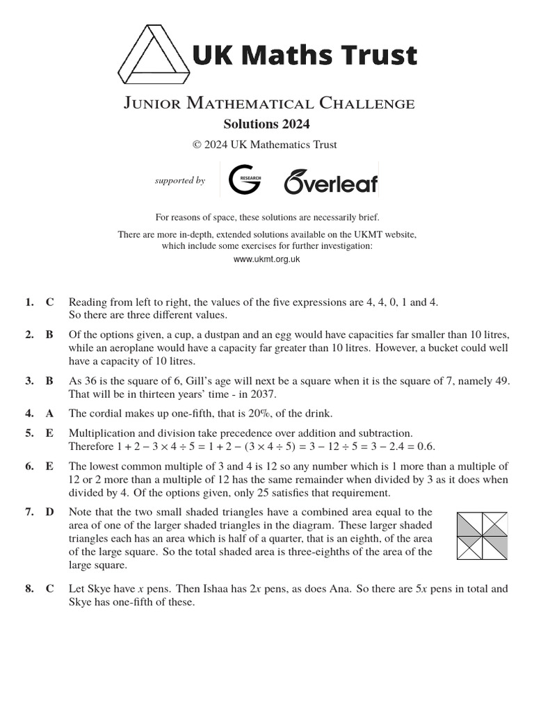 Junior Mathematical Challenge Solutions 2024 | PDF | Area | Triangle