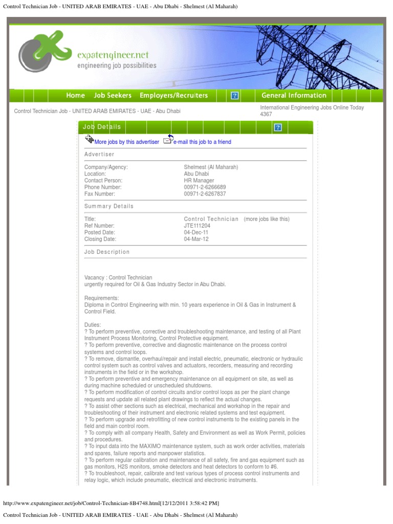 Control Technician Job UNITED ARAB EMIRATES UAE Abu Dhabi