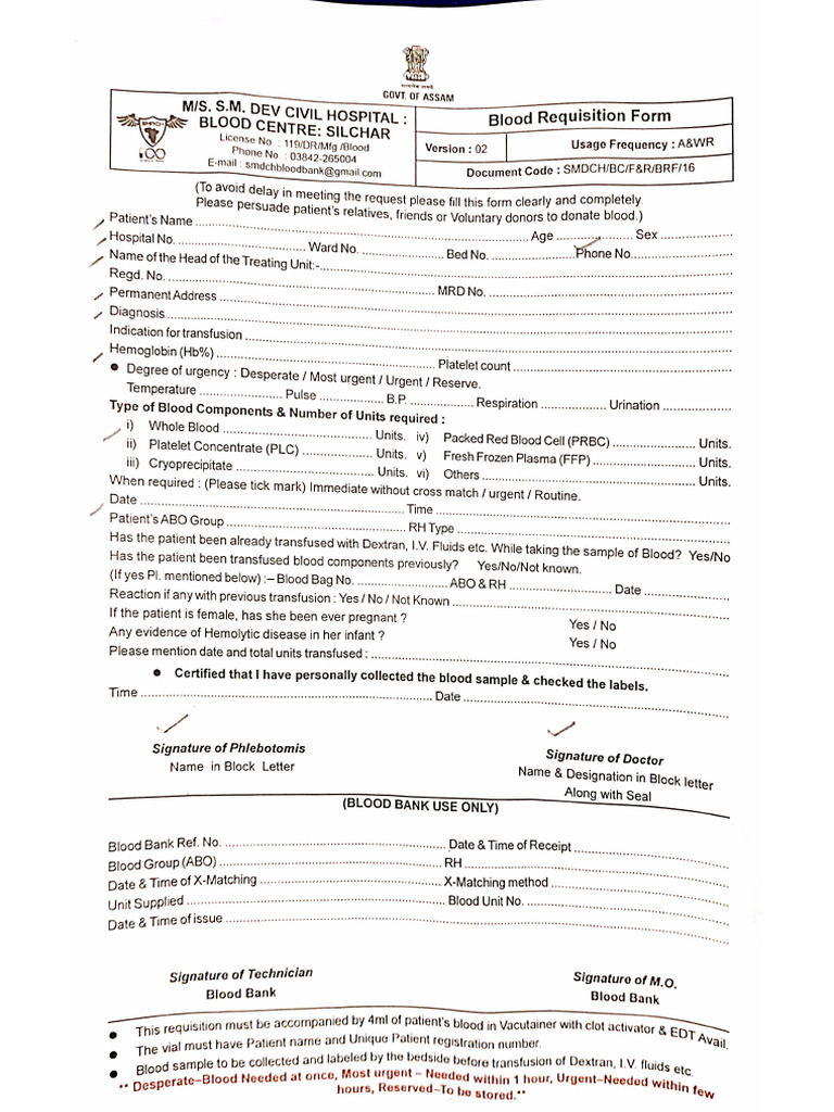 Civil Blood Bank Form | PDF