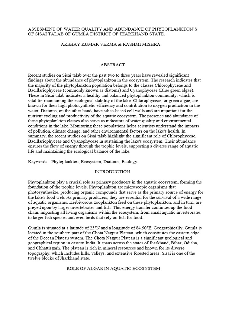 Assesment of Water Quality and Abundance of Phytoplankton | PDF ...