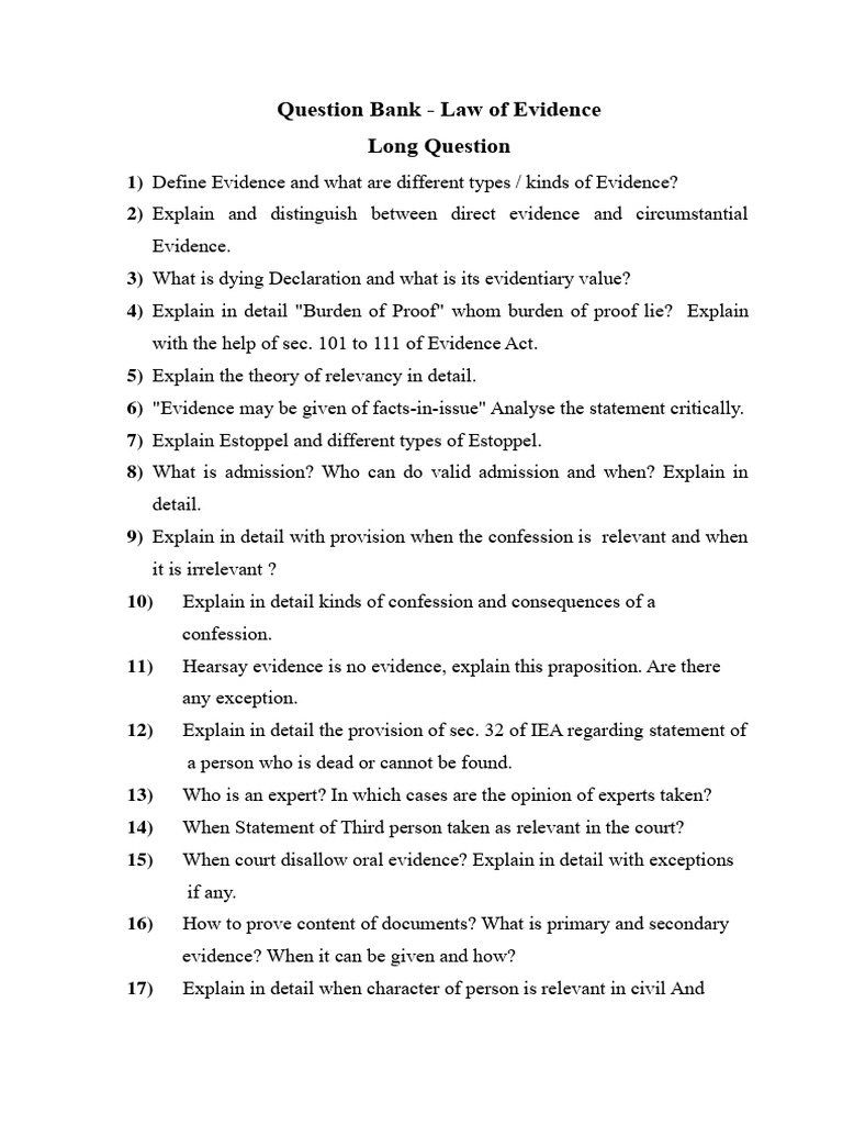Law of Evidence Question Bank | PDF | Evidence (Law) | Common Law