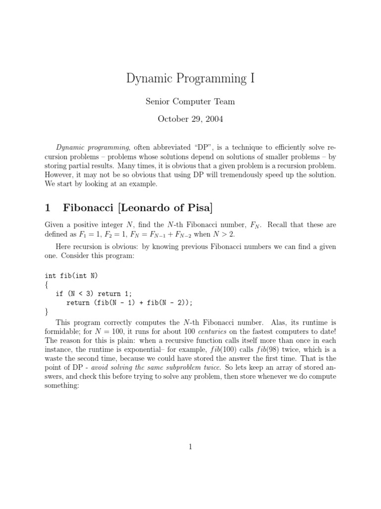 Dynamic Programming I: 1 Fibonacci (Leonardo of Pisa) | PDF | Dynamic ...