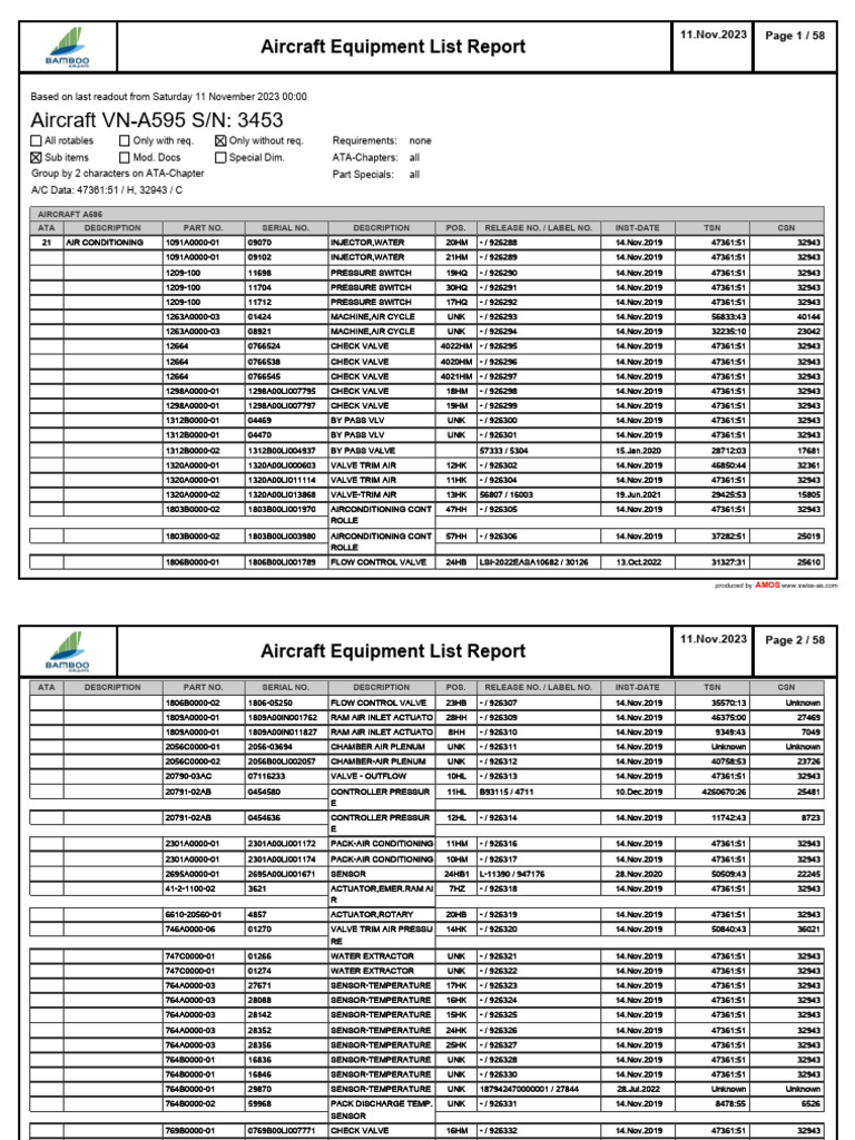 N 03453 2023 11 11 on condition component status msn 3453 occm