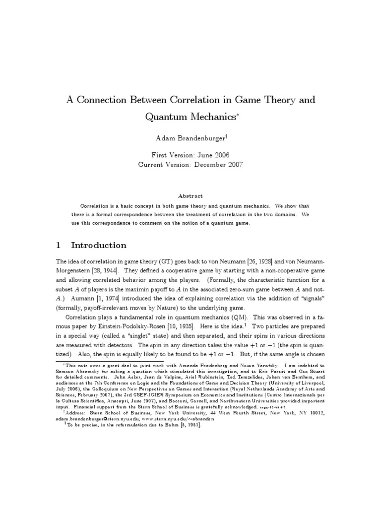 Adam Brandenburger - A Connection Between Correlation in Game Theory ...