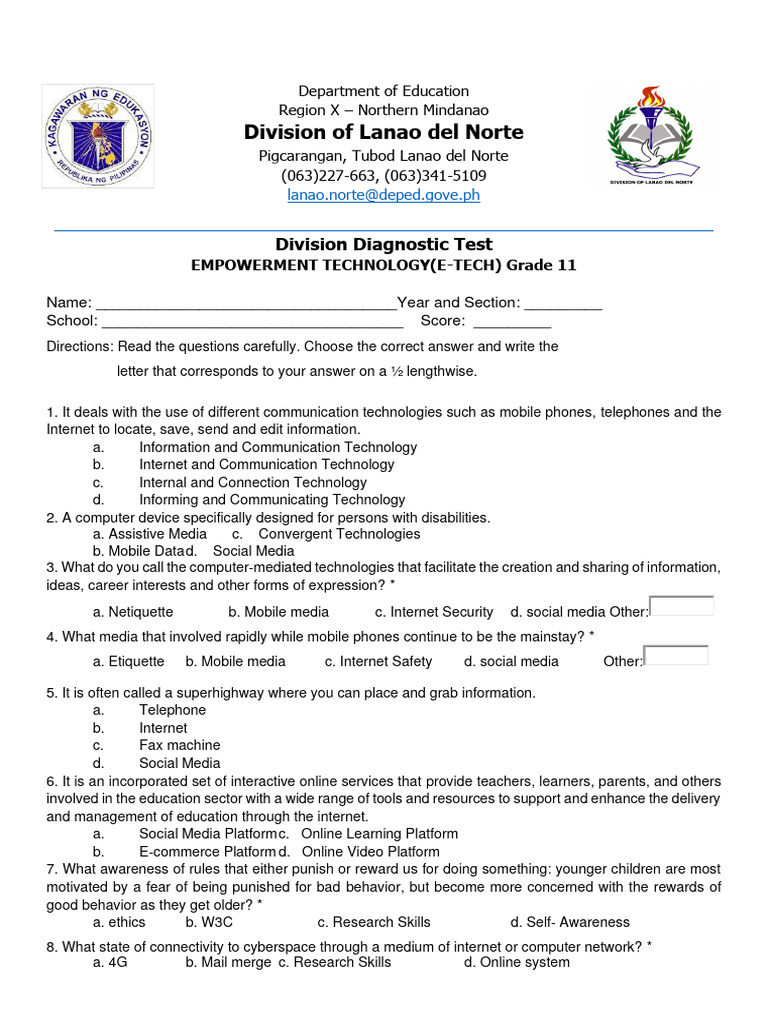 Grade 11 Empowerment Tech Diagnostic Test | PDF | Application Software ...