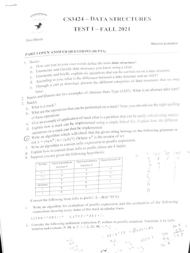 Data Structure Test 1 Fall 2021 | PDF