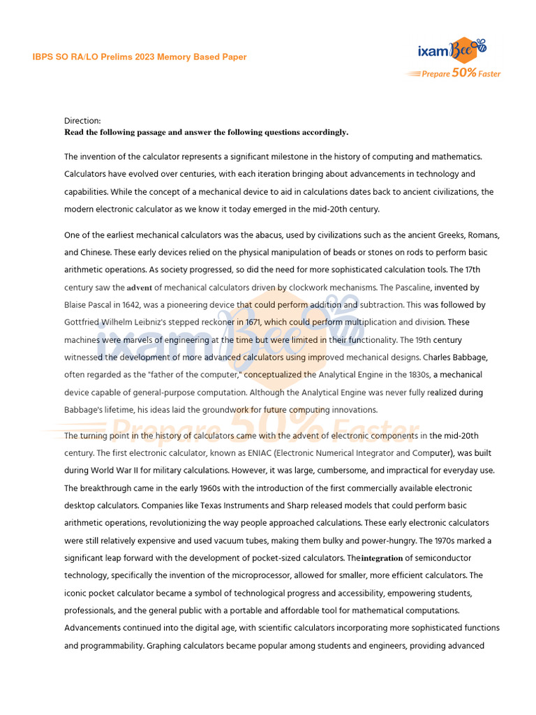 IBPS SO RA - LO Prelims 2023 Memory Based Paper | PDF | Calculator ...