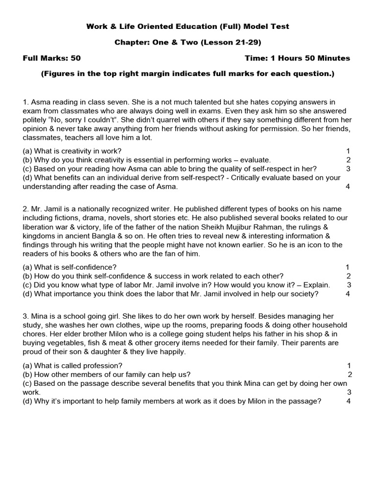 Work life oriented education full model test class seven pdf