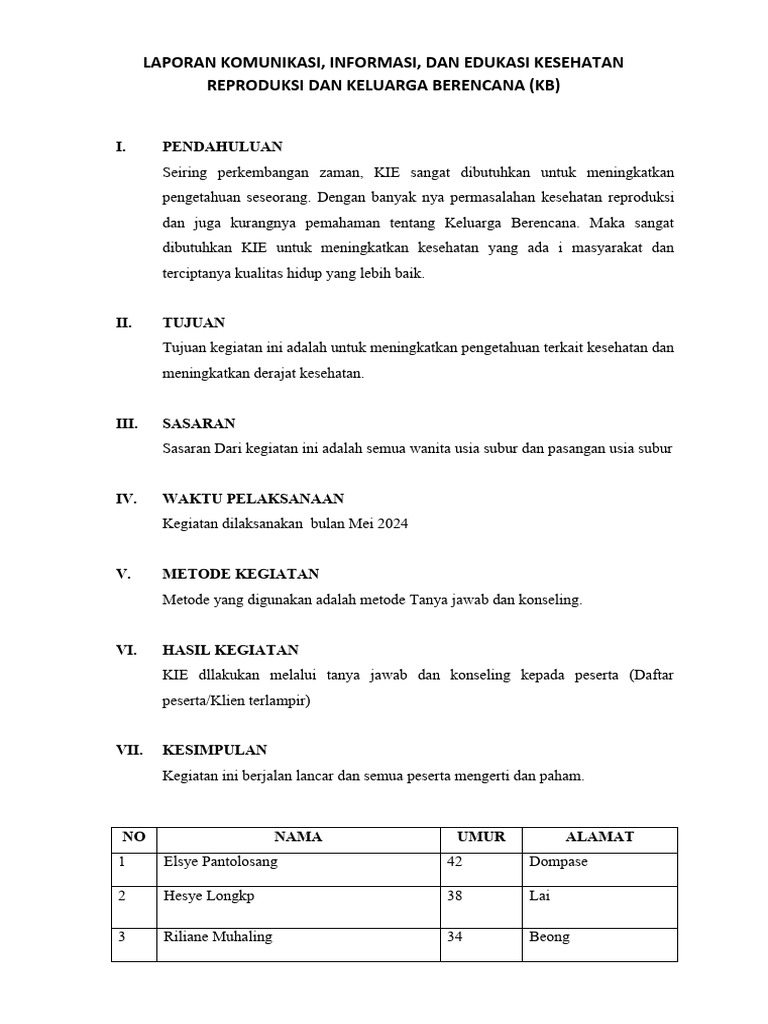 Laporan KIE Kesehatan Reproduksi KB | PDF