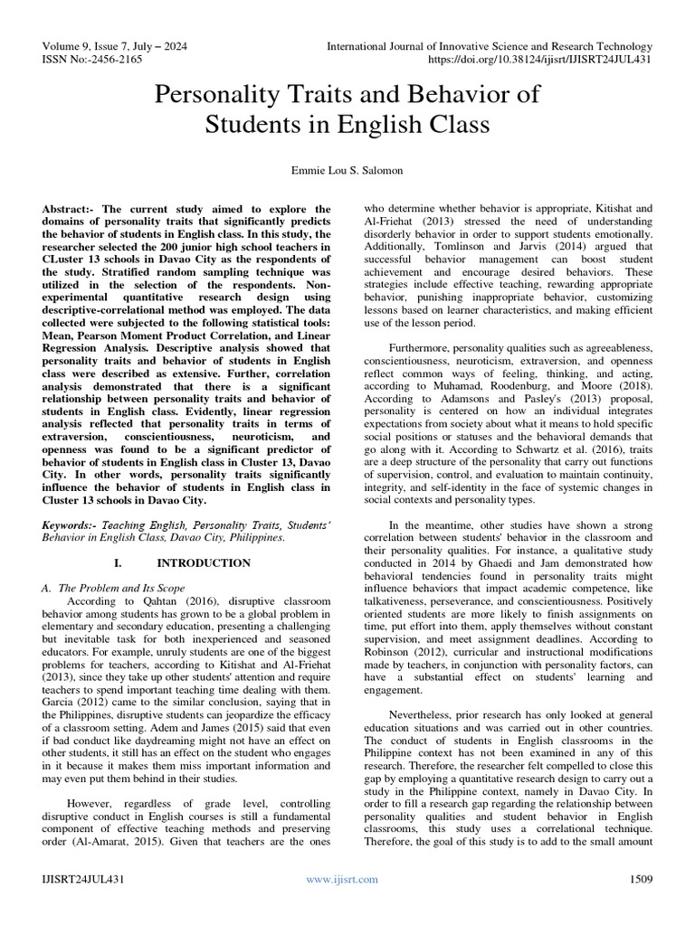 Personality Traits Impacting Student Behavior | PDF | Extraversion And ...