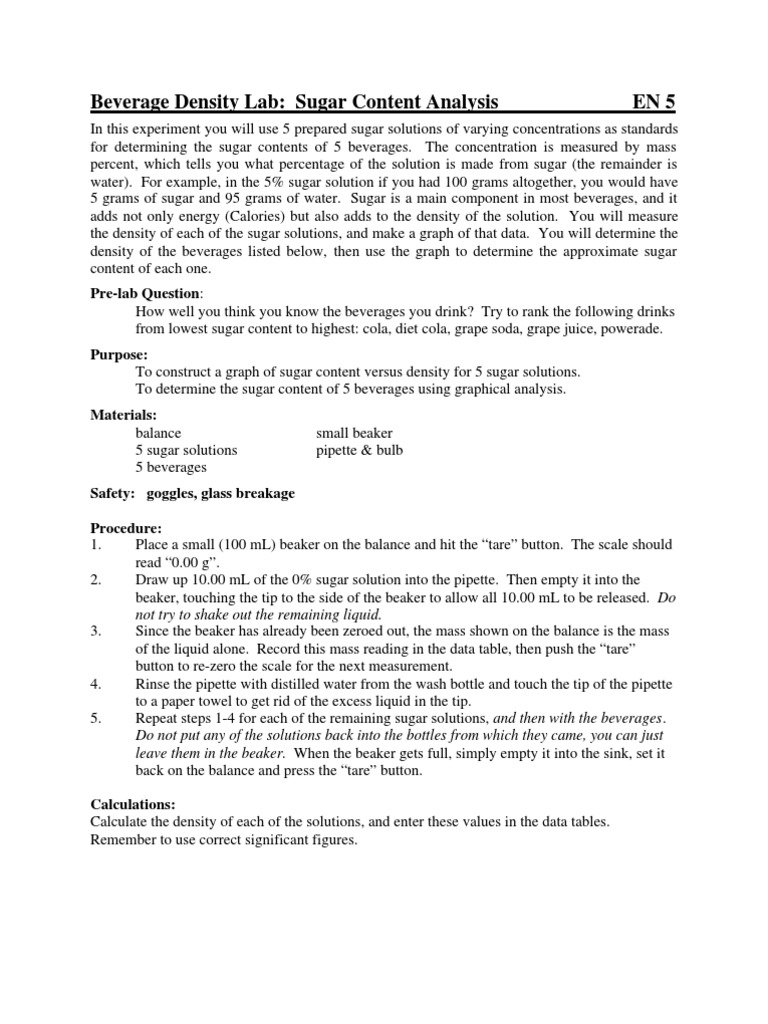Beverage Density Lab Sugar Content Analysis EN 5 PDF Density Drink