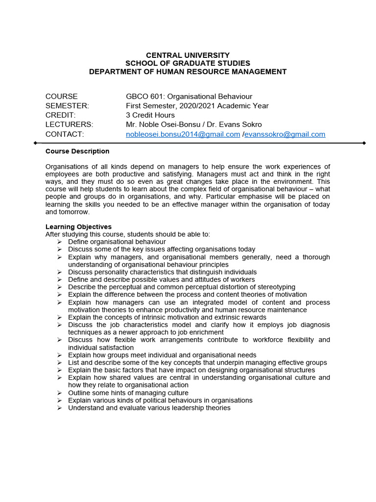 Organisational Behaviour Course | PDF | Motivational | Motivation