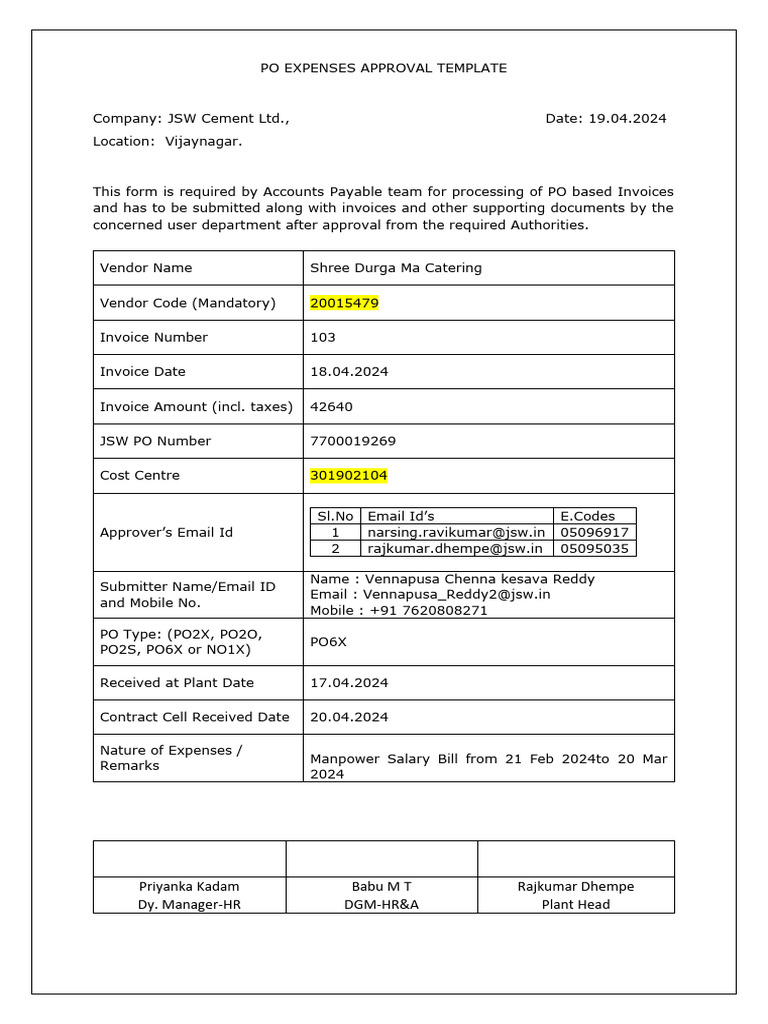 Po Expenses Approval Template | PDF