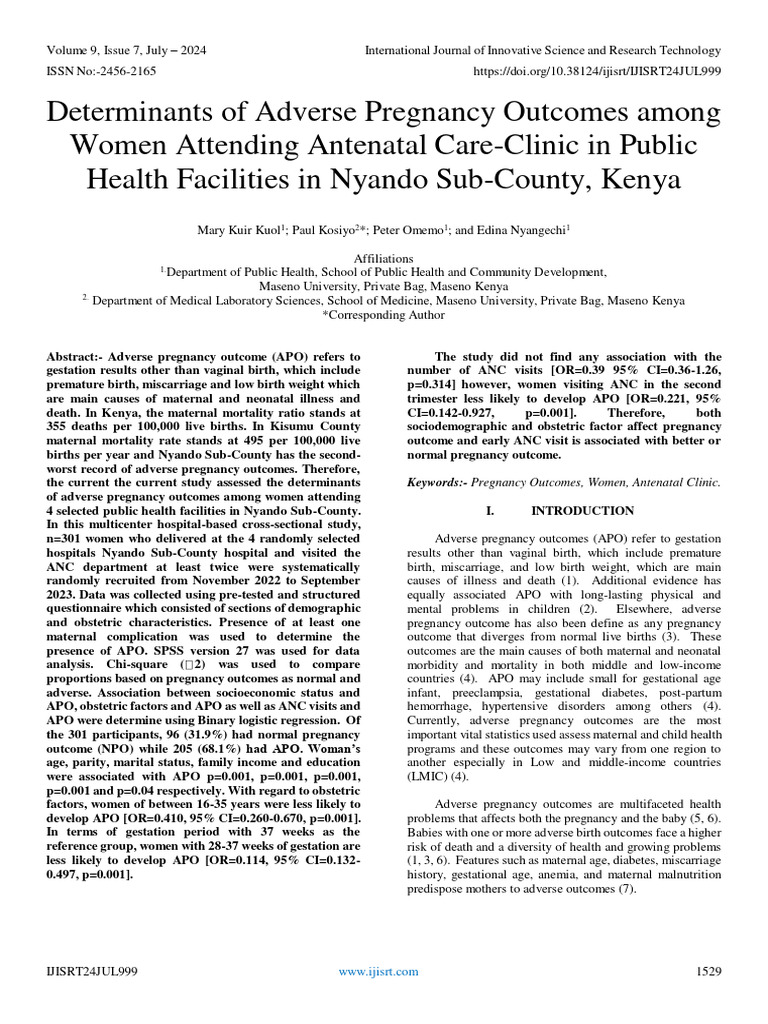 Adverse Pregnancy Outcomes in Nyando | PDF | Maternal Death | Pregnancy