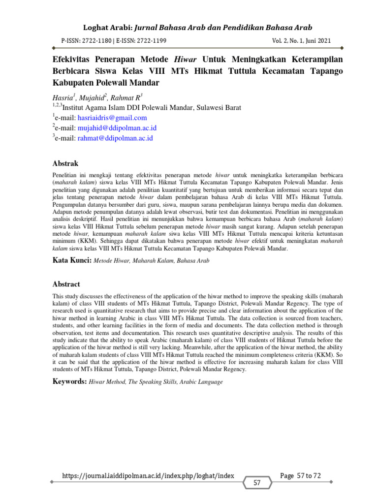Efektivitas Metode Hiwar dalam Pembelajaran Arab | PDF | Kajian Bahasa ...