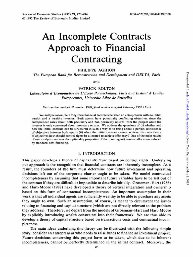 Aghion, P. e Bolton, P. (1992) - An Incomplete Contracts Approach To ...
